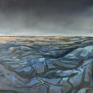 Schilderij met de titel: 'Bergen onder maanlicht in oranje en blauw.' Geschilderd met olieverf op canvas. Afmetingen: 65 cm x 115 cm.