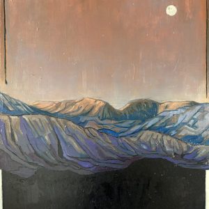 Schilderij met de titel: 'Bergen onder maanlicht in kader.' Geschilderd met olieverf op canvas. Afmetingen: 60 cm x 80 cm