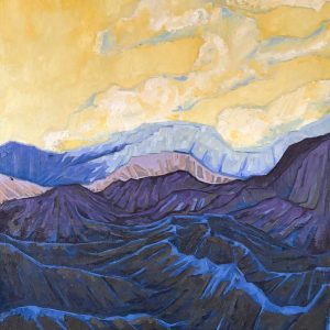 Schilderij met titel: 'Bergpartij onder gele lucht 2.' Geschilderd met olieverf op canvas. Afmetingen: 60 cm x 70 cm.