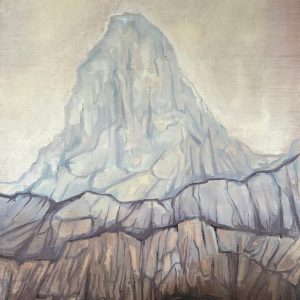 Schilderij met titel: 'Bergtoppen in gele mist.' Geschilderd met olieverf op paneel. Afmetingen 42 cm x 61 cm.