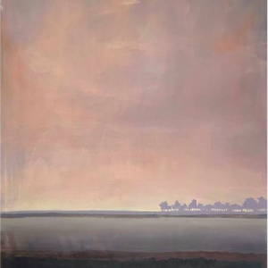 Schilderij met titel: 'Bomenrij bij morgen licht.' Geschilderd met olieverf op katoen. Afmetingen: 130 cm x 220 cm.