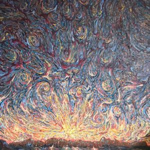 Schilderij met de titel: 'Brandende lucht boven open veld.' Geschilderd met olieverf op doek. Afmetingen: 99 cmx 208 cm