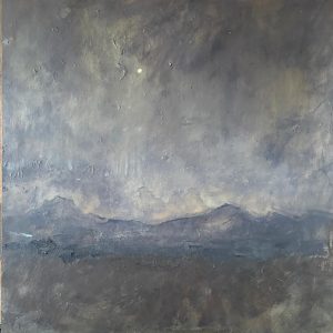 Schilderij met titel: 'Donkere nacht met maan boven bergen.' Geschilderd met olieverf op paneel. Afmetingen: 61 cm x 61 cm.