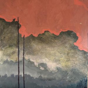 Schilderij met titel: 'Dorre bomen onder roze lucht.' Geschilderd met olieverf op paneel. Afmetingen: 61 cm x 80 cm.