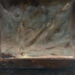 Schilderij met titel: 'Dramatische lucht boven donkere velden.' Geschilderd met olieverf op linnen. Afmetingen: 100 cm x 100 cm.