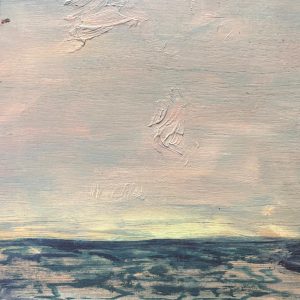 Landschap studie geschilderd met olieverf op triplex van 20cm x 20 cm. Lucht roze lucht boven gloeiende horizon met glooiende groene bergen