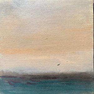 Landschap studie geschilderd met olieverf op triplex van 20cm x 20 cm. Abstract landschap met in napelsgeel bruine horizon lijn boven groen/blauw landschap