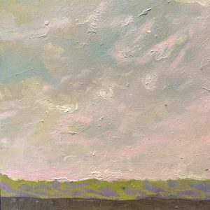 Landschap studie geschilderd met olieverf op triplex van 20cm x 20 cm. roze avondgloed boven bergketen gezien vanaf bergtop.