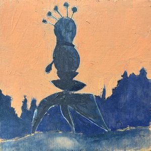 Landschap studie geschilderd met olieverf op triplex van 20cm x 20 cm. Beeld bij winkelcentrum Zwolle zuid in blauw met oranje lucht.