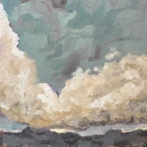 Landschap studie geschilderd met olieverf op triplex van 20cm x 20 cm. Zware wolkenpartij met onder groen blauwe lucht met donkere bergpartij