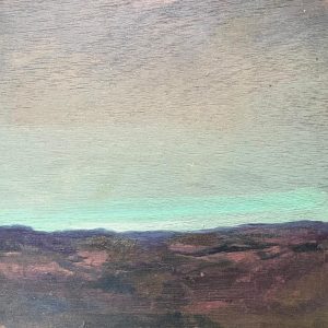 Landschap studie geschilderd met olieverf op triplex van 20cm x 20 cm. Vergezicht op bergpartij met turquoise gloed