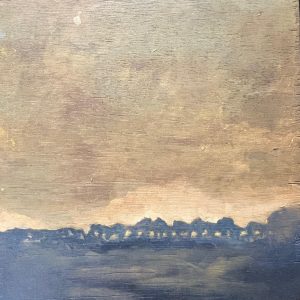 Landschap studie geschilderd met olieverf op triplex van 20cm x 20 cm. donkere bomenrij tegen licht cremekleurige wolk