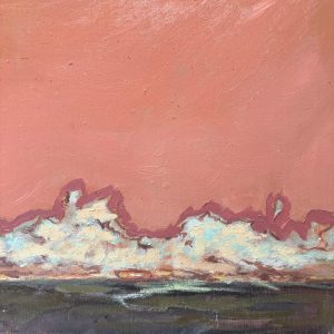 Landschap studie geschilderd met olieverf op triplex van 20cm x 20 cm. Wolkendek onder roze lucht zwevend boven vlak landschap met rivier