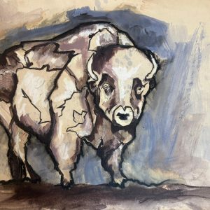Tekening van een Bison gemaakt met oost indische Inkt, Markers, oliepastel en olieverf Afmetingen 40cm x 29,5 cm