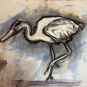 Tekening van een Reiger (Ardea cinerea) gemaakt met oost indische Inkt, Markers, oliepastel en olieverf Afmetingen 40 cm x 29,5 cm