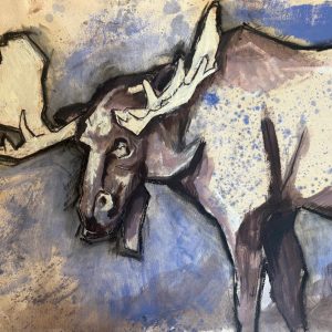 Tekening van een Eland (Alces alces) gemaakt met oost indische Inkt, Markers, oliepastel en olieverf Afmetingen 40cm x 29,5 cm