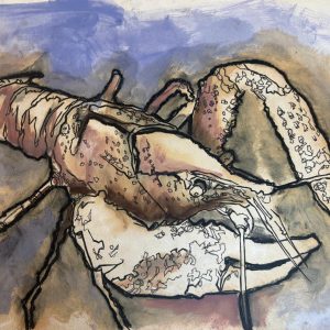 Tekening van een Amerikaanse rivierkreeft (Procambarus clarkii) gemaakt met oost indische Inkt, Markers, oliepastel en olieverf Afmetingen 40 cm x 29,5 cm