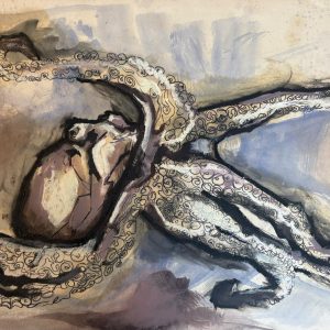 Tekening van een Octopus (Octopoda) gemaakt met oost indische Inkt, Markers, oliepastel en olieverf Afmetingen 40 cm x 29,5 cm