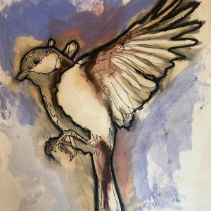 Tekening gemaakt van een Koolmees (Parus major) gemaakt met oost indische Inkt, Markers, oliepastel en olieverf Afmetingen 29,5 cm x 40 cm