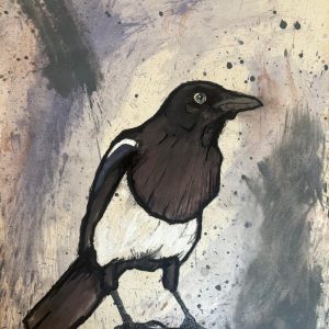 Tekening gemaakt van een Ekster (Pica pica) gemaakt met oost indische Inkt, Markers, oliepastel en olieverf Afmetingen 29,5 cm x 40 cm