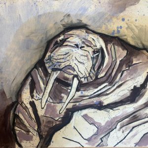 Tekening van een Walrus (Odobenus rosmarus) gemaakt met oost indische Inkt, Markers, oliepastel en olieverf Afmetingen 40 cm x 29,5 cm