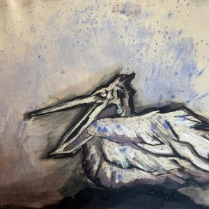 Tekening van een Pelikaan (Pelecanus) Gemaakt met oost indische Inkt, Markers, oliepastel en olieverf. Afmetingen 40cm x 29,5 cm