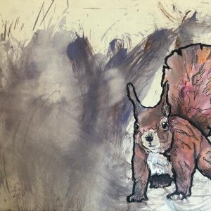Tekening van een eekhoorn (Sciurus vulgaris) gemaakt met oost indische Inkt, Markers, oliepastel en olieverf Afmetingen 40 cm x 29,5 cm