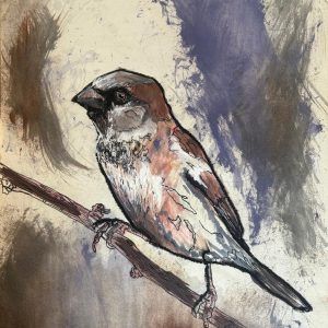Tekening van een Huismus (Passer domesticus) gemaakt met oost indische Inkt, Markers, oliepastel en olieverf Afmetingen 29,5 cm x 40 cm