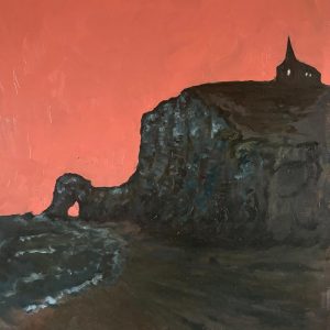 Schilderij met titel: 'Roze lucht bij Etretat.' Geschilderd met olieverf op paneel. Afmetingen: 41 cm x 60 cm.