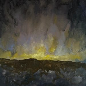 Schilderij met titel: 'Vurige wolken in de nacht.' Geschilderd met olieverf op paneel. Afmetingen: 70 cm x 90 cm.