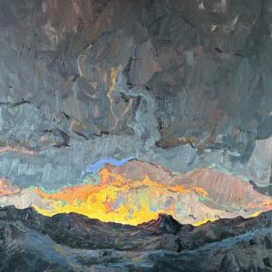 Schilderij met titel: 'Bergen bij ondergaande zon.' Geschilderd met olieverf op canvas. Afmetingen: 60 cm x 80 cm.