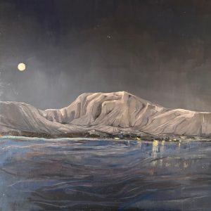 Schilderij met titel: 'Bergen en zee onder maanlicht.' Geschilderd met olieverf op canvas. Afmetingen: 100 cm x 100 cm.