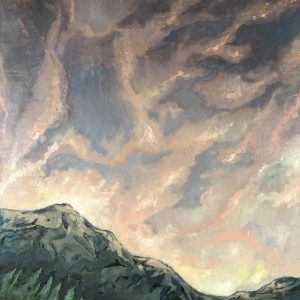 Schilderij met titel: 'Bergen onder roze wolken.' Geschilderd met olieverf op canvas Afmetingen: 60 cm x 80 cm