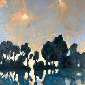 Schilderij met titel: 'Ochtend zon met bomenrij en reflectie.' Geschilderd met olieverf op canvas. Afmetingen 60 cm x 80 cm.