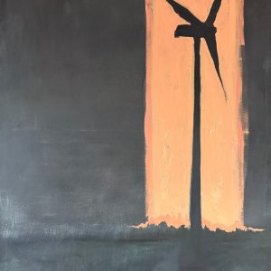 Schilderij met titel: 'Windmolen met oranje straal.' Geschilderd met olieverf op canvas. Afmetingen: 65 cm x 115 cm.